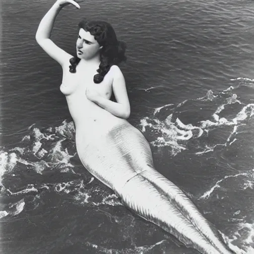 Prompt: early 1900s photograph of a mermaid in the sea