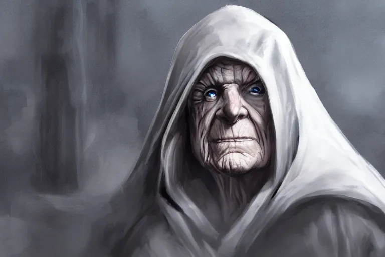 Image similar to emperor palpatine in robes, high detail, digital painting, clear focus, concept art,