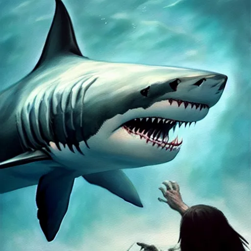 Image similar to a dream fantasy painting of a white shark eat a man, in the deep, by beksinki, antonio j. manzanedo, greg rutkowski, carne griffith trending on artstation, deviantart, photorealism