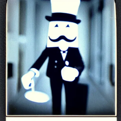 Prompt: A polaroid picture of the Monopoly Man standing threateningly in an empty hallway. There is no escape.