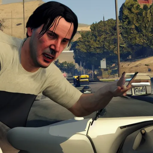 Prompt: Keanu Reeves driving ford mustand in gta5