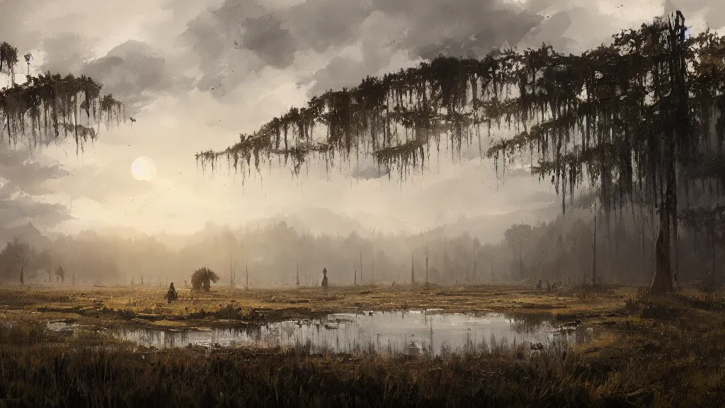 Prompt: view of swamp landscape, high quality, watercolored, jakub rozalski, dark colours, dieselpunk, artstation