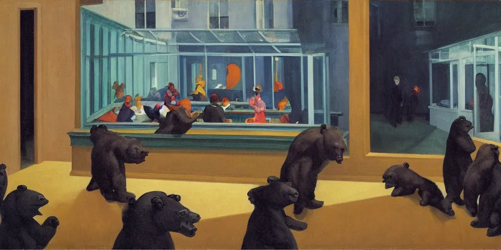 Image similar to painting, view from inside edward hopper's painting nighthawks, of a group of werebears inside a gallery, by magrirre, by neo rauch