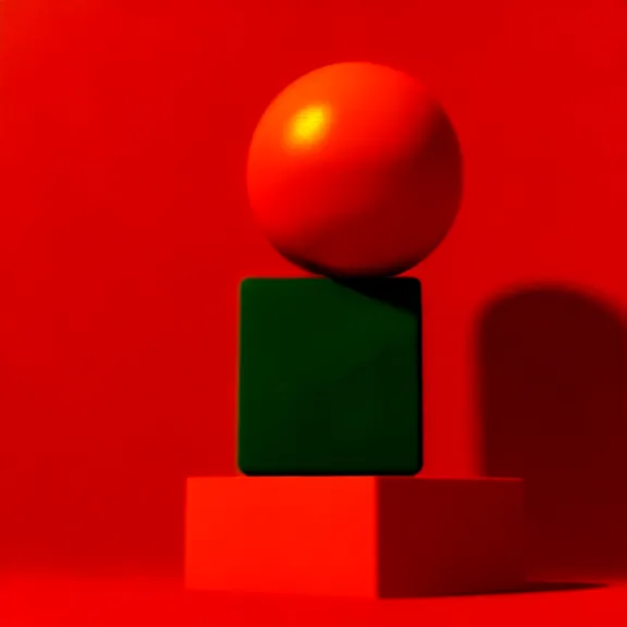 Prompt: a 3 d render of a stack of green cubes on the left and an orange ball on the right in a red room, blender, ue 5, octane render, trending on artstation