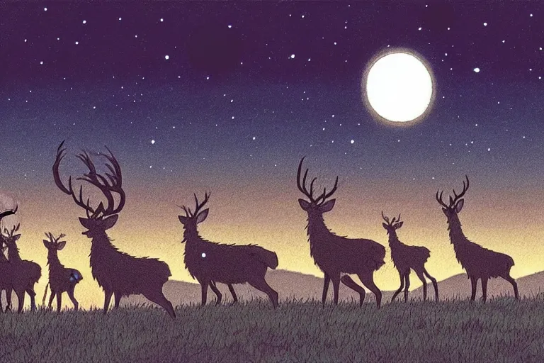 Prompt: a still from a studio ghibli film of a group of deer looking up at an alien ufo from princess mononoke ( 2 0 0 4 ) at night on a desert road, full body, wide shot, very muted colors, post grunge, studio ghibli, laurie greasley, highly detailed, deviantart, art by artgem