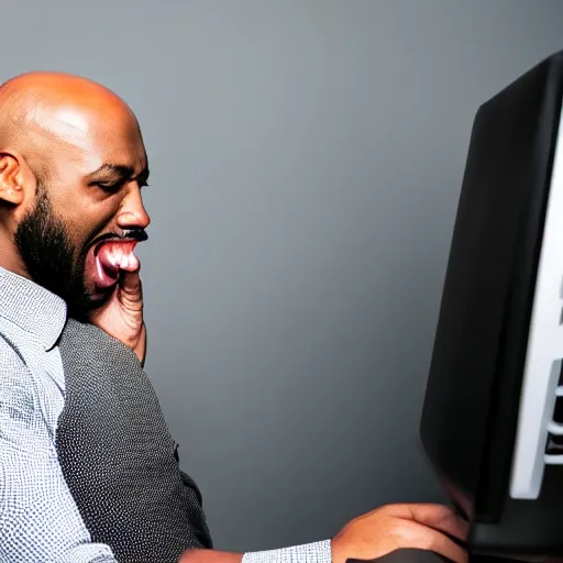 Prompt: bald black man crying while playing on pc