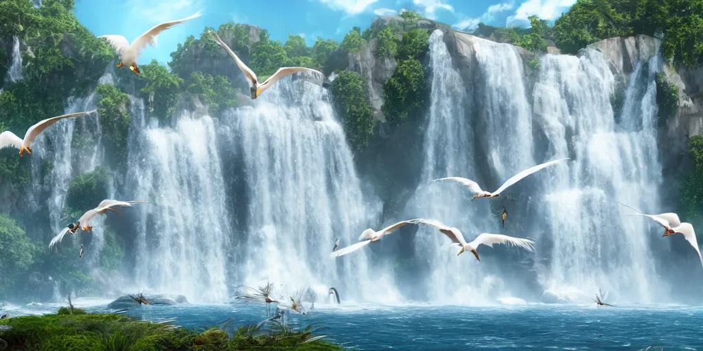 Prompt: a flock of seagulls fly over a majestic waterfall, realistic, detailed,