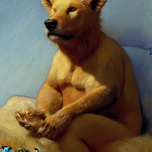 Prompt: a portrait of an animal wearing a shirt and sitting in bed. highly detailed painting by gaston bussiere, craig mullins, j. c. leyendecker, furry