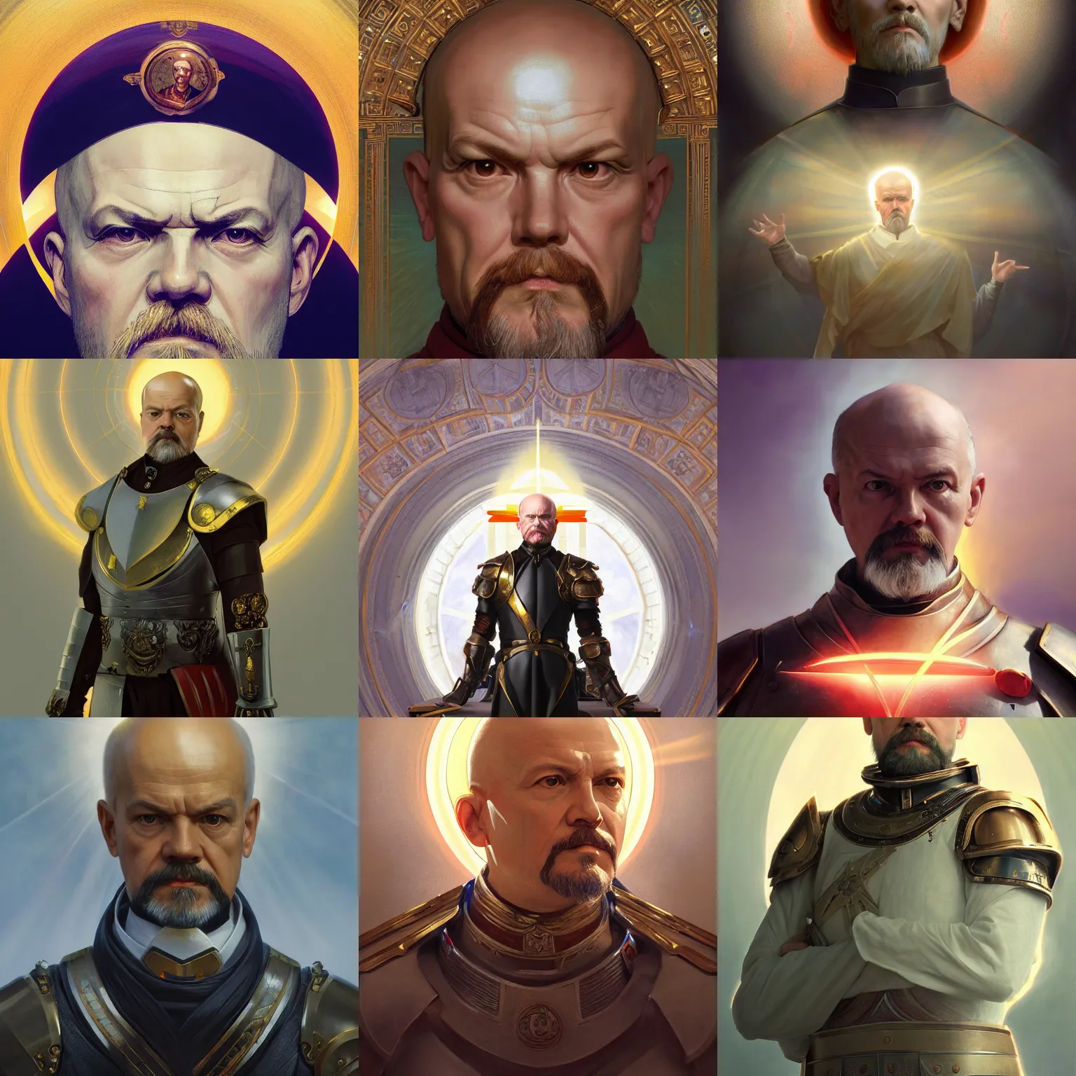 Prompt: masterpiece head - on symmetrical centered painted portrait, vladimir lenin as a holy warrior, blonde hair, holy light halo, glorious, wearing full metal armour, elegant, distant, in the style of ruan jia and artgerm and edgar maxence and ross tran and michael whelan and mucha, 8 k, octane render