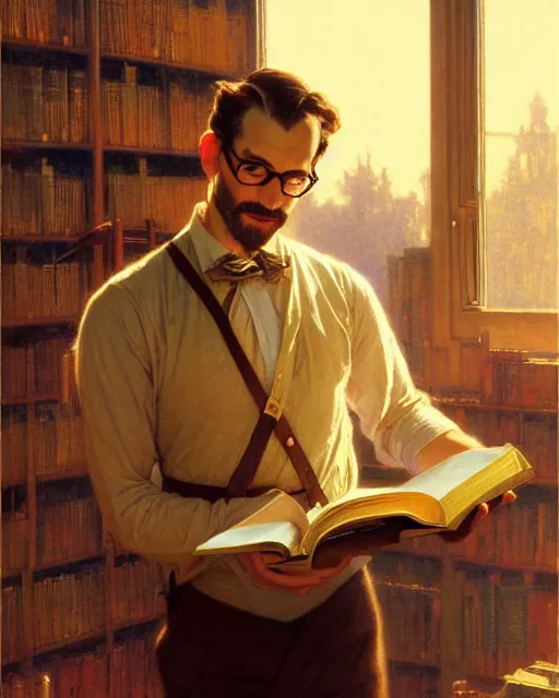 Prompt: attractive librarian man pulling a book from a shelf, dusty library, golden hour painting by gaston bussiere, craig mullins, j. c. leyendecker, tom of finland, greg rutkowski, alphonse mucha