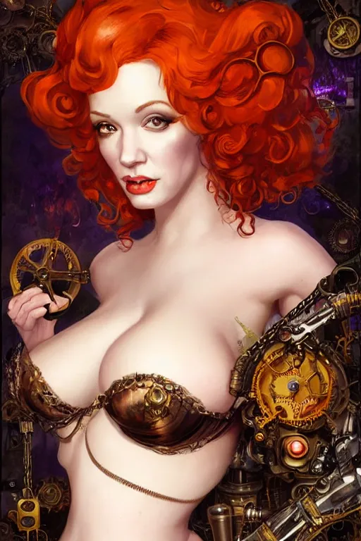 Prompt: three-quarters pose portrait of Christina Hendricks as a sensual Lady Mechanika, very beautiful young woman, ginger wavy hair, Victorian-era push-up underwire. Intricate, steampunk imagery themed, D&D!, fantasy style, sharp focus!, ultra detailed, art by Artgerm and Peter Andrew Jones, WLUP