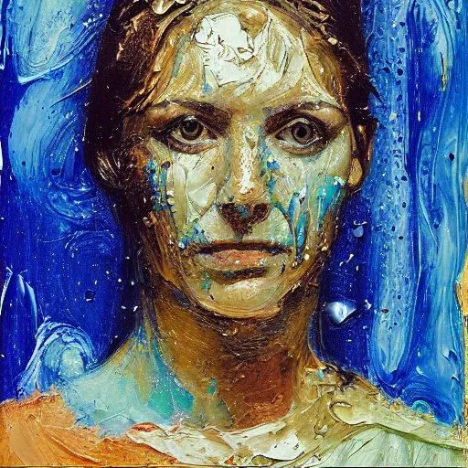 Image similar to oil paint impasto relief, portrait of woman's face, deep under water, lots blue colours, looking up, air bubbles, multi layered thick brush marks, some splattered paint, in the style frank auerbach and leonardo da vinci