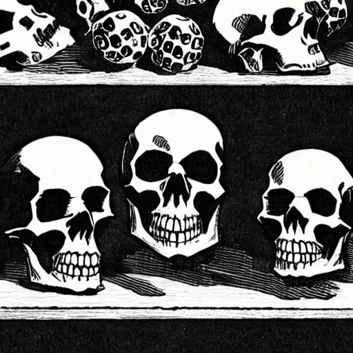 Image similar to Skulls lying on a shelf. Close Up Shot, Dark Fantasy, Film Noir, Black and White. High Contrast, Mike Mignola, D&D, OSR
