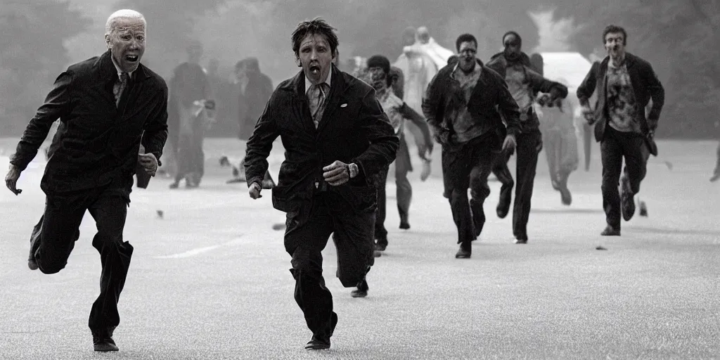 Image similar to movie still of joe biden running away from a hoard of infected zombies on the white house lawn in the movie 2 8 days later, detailed, real, cinematic