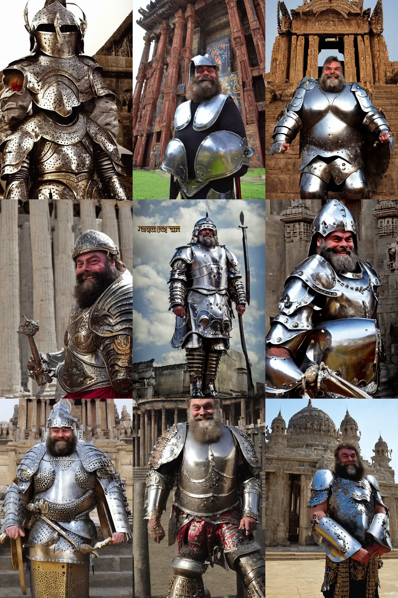 Prompt: brian blessed in plain metal armour outside a magnificent temple. huge bulging muscles. giant grin. bollywood action movie poster.