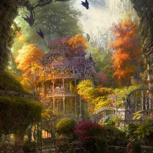 Prompt: garden lightning autumn rich ornate cryengine render fantasy cinematic by m. c. escher, john berkey, artgerm, stephen gammell, justin gerard, james jean, james christensen, moebius
