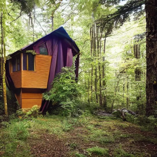 Prompt: national geographic cover photo of an weird house in the woods