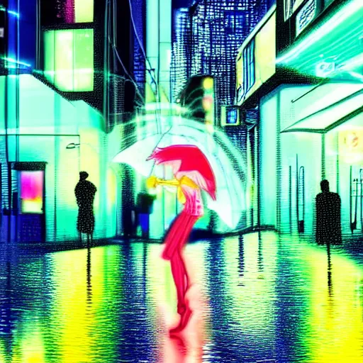 Image similar to advanced digital anime art, invisible girl dancing in the rain on a neon lit street, water reflections.