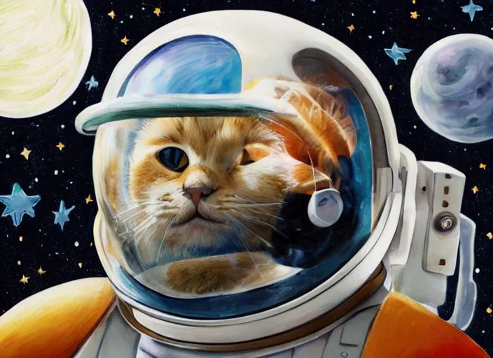 Prompt: painting of a cat dressed as an astronaut with helmet, cute, calico, stars, galaxies, planets, moons, overwatch, winston, stuido ghibli, kotaro mori