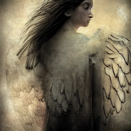 Prompt: portrait of a broken angel, lost , stormy background, highly details, hyper realistic