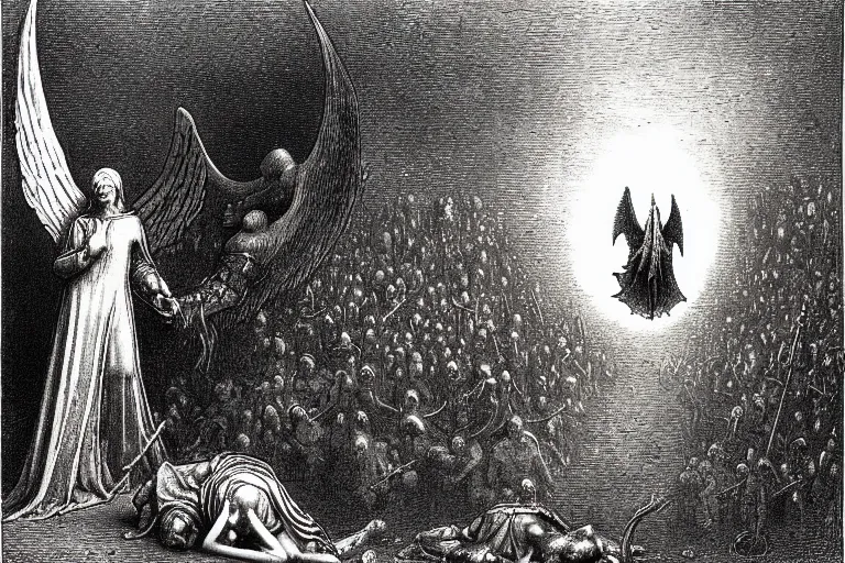 Image similar to fallen angel begs to enter the gates of hell by gustave dore and les edwards and hieronymus bosch