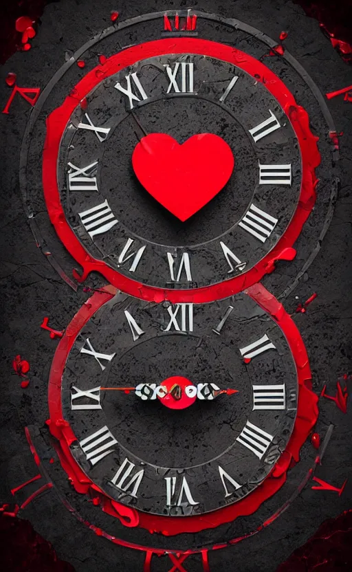 Image similar to a melting Roman numeral clock, behind a red and black gradient background, awith a black heart shaped on the top left corner and a black diamond card shape in the bottom right corner, dynamic lighting, photorealistic fantasy concept art, trending on art station, stunning visuals, cinematic, creative, ultra detailed