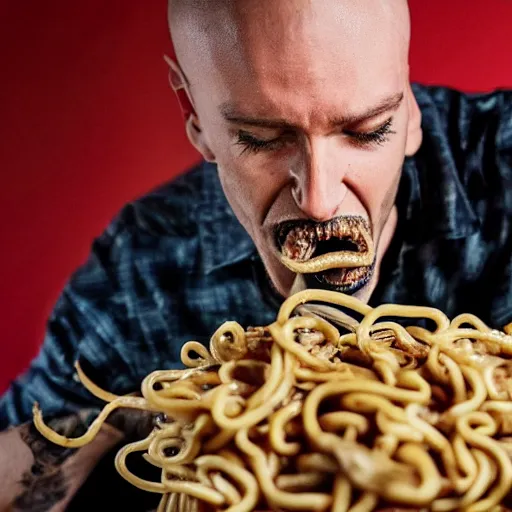 Prompt: a man eating snakes like noodles