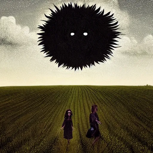 Image similar to giant black sunflower face, girl walking in wheat field, hills, surreal photography, dark night, star trails, dramatic light, impressionist painting, clouds, digital painting, artstation, simon stalenhag