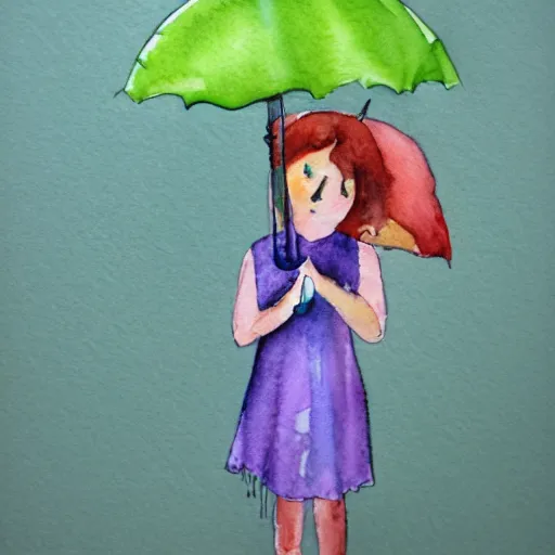 Prompt: girl holding brocoli umbrella watercolor printing