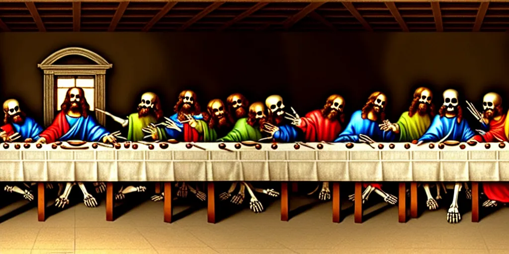 Image similar to masterpiece last supper, all skeletons, extremely detailed, 8 k, artstation, by leonardo da vinci, trending on artstation