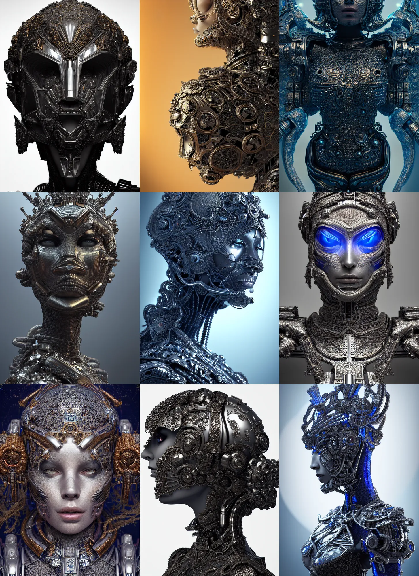 Prompt: portrait of a maginificent metallic armored cyborg queen, elegant intricate detailed, mandelbrot fractal, lapis lazuli, subsurface scattering, long shot, black background, by rene gorecki, h r giger, octane render, 8 k