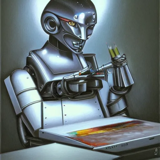 Image similar to robot artist artist painting a self portrait, color, by john howe