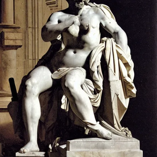 Prompt: marble statue Hephaestus at the Forge by Guillaume Coustou the Younger (at Louvre)