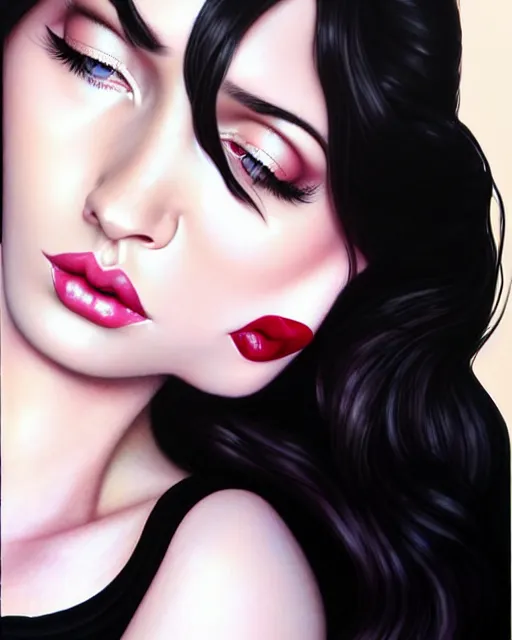 Prompt: 3 d megan fox with dark eye makeup and pink glossy lipstick, long windblown black hair, seductive camisole, pinup, intricate, glamorous fashion pose, sharp focus, illustration, highly detailed, digital painting, concept art, art by wlop and artgerm and ross tran, masterpiece, fritz willis, fine, arney freytag, charlie bowater, loish