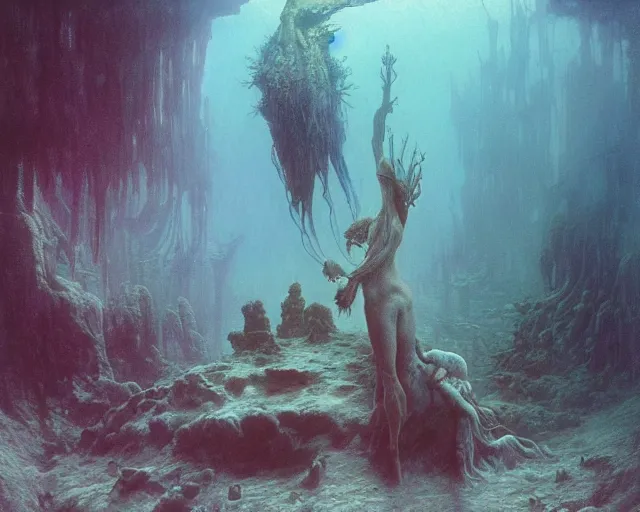 Image similar to the first sight after death, underwater scene, painted by zdzislaw beksinski and artgerm and greg rutkowski and alphonse mucha and rene laloux
