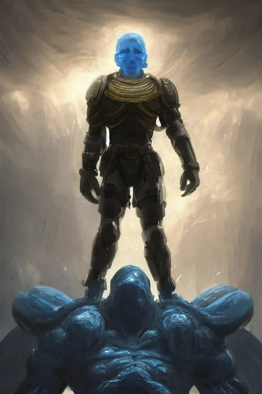 Image similar to a distant shot of a human super soldier with blue and yellow flag and standing alone on a huge pile of human skulls as a winner, masculine figure, D&D, fantasy, bright hopeful atmosphere, volumetric lights, beam of bright light through the clouds, intricate, elegant, highly detailed, extremely detailed, digital painting, artstation, concept art, matte, smooth, sharp focus, hyper realistic, illustration, art by Artgerm and Greg Rutkowski and Alphonse Mucha