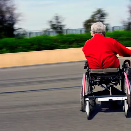 Image similar to old mad man on a red motorized wheelchair with the ferrari logo, highway, action shot