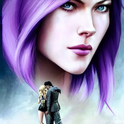 Prompt: A combination of Katheryn Winnick's and Grace Kelly's and Katherine McNamara's faces with short violet hair as Motoko Kusanagi from Ghost in The SHell, western, D&D, fantasy, intricate, elegant, highly detailed, digital painting, artstation, concept art, matte, sharp focus, illustration, art by Artgerm and Greg Rutkowski and Alphonse Mucha