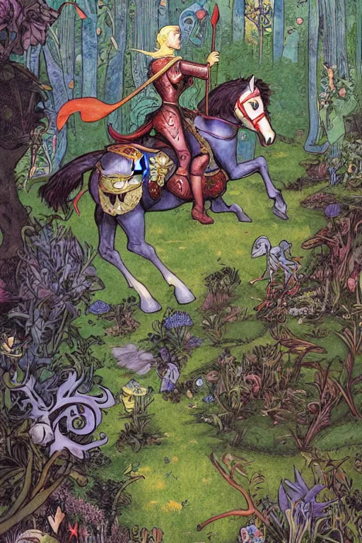 Image similar to medieval knight riding a horse in a magic kingdom overgrown by moss and plants, shiny armor, enchanted forest with flying faires, wizards and magic mushrooms in the background, illustrated by james jean, very detailed and colorful, comicbook cover