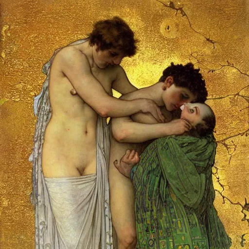 Image similar to the angelus by jean francois millet, art by gustav klimt - alphonse mucha - adolphe bouguereau - francois schuiten