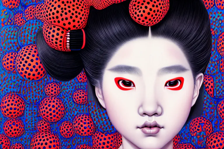 Image similar to hyperrealistic detailed portrait of a geisha, background by yayoi kusama, part by kei mieno, part by ross tran, part by james jean, ultra realistic, highly detailed, symmetrical face, detailed body, 3 d render, very cohesive, masterpiece