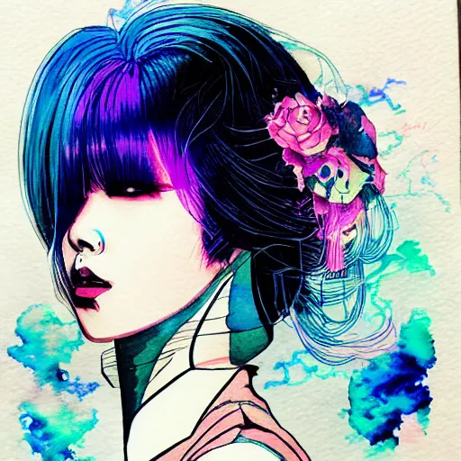 Prompt: korean women's fashion witch, intricate watercolor cyberpunk vaporwave portrait by tim doyle