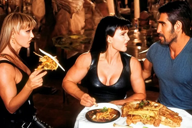 Image similar to xena warrior princess eating at a restaurant with a handsome cuban man