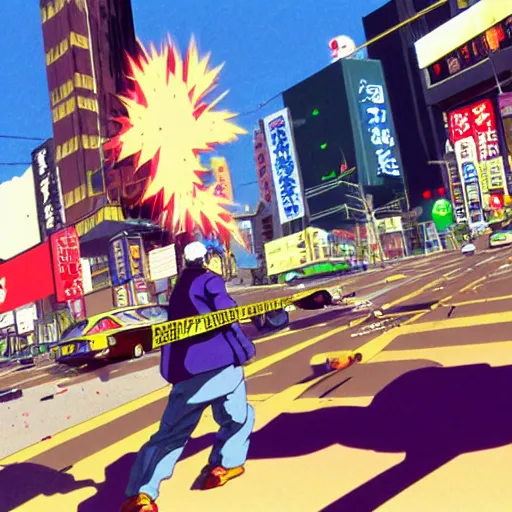 Prompt: 1993 Video Game Screenshot, Anime Neo-tokyo bank robbers vs police shootout, bags of money, Police Shot, Violent, Action, MP5S, FLCL, Highly Detailed, 8k :4 by Katsuhiro Otomo + Studio Gainax + Capcom : 8