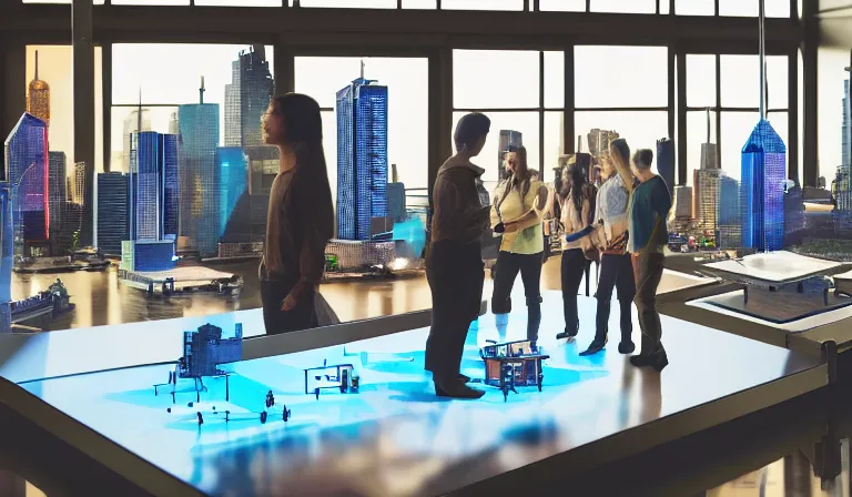 Image similar to group of people in simple warehouse, looking at hologram of futuristic city on a table, cinematic concept art, godrays, golden hour, natural sunlight, 4 k, clear details, tabletop model buildings, center model buildings, hologram center, crane shot, crane shot, crane shot