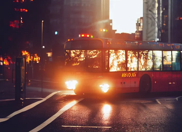 Prompt: a 3 5 mm photo of a city bus on fire, splash art, movie still, bokeh, canon 5 0 mm, cinematic lighting, dramatic, film, photography, golden hour, depth of field, award - winning, anamorphic lens flare, 8 k, hyper detailed, 3 5 mm film grain