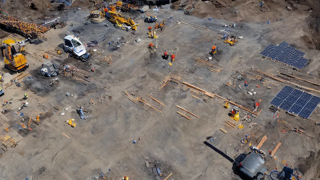 Image similar to Construction workers building the solar system. Extreme wide angle shot from space