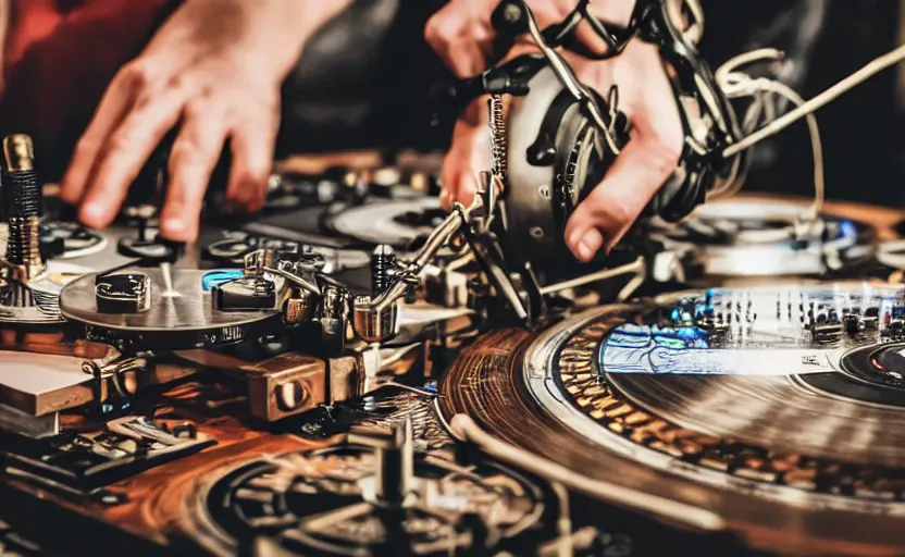 Image similar to a person working a steampunk mixing board and record player doing turntablism dj scratching, intricate carved wood, planetary gears, complex contraption, wearing old school headphones and visor, cinematix, imax, sharp focus, hyper detail