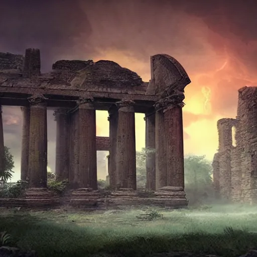 Prompt: A concept matte Painting of ancient aliens ruins, detailed, photorealistic, cinematic lighting, moody atmosphere,