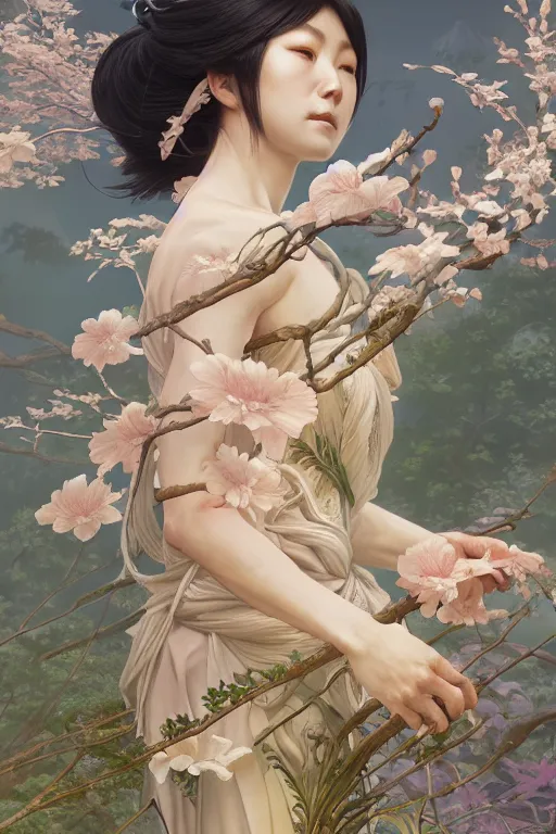 Image similar to Japanese goddess of nature, accurate anatomy, only two hands, highly detailed, digital painting, artstation, concept art, smooth, sharp focus, illustration, Unreal Engine 5, 8K, art by Ross Tran and greg rutkowski and alphonse Mucha